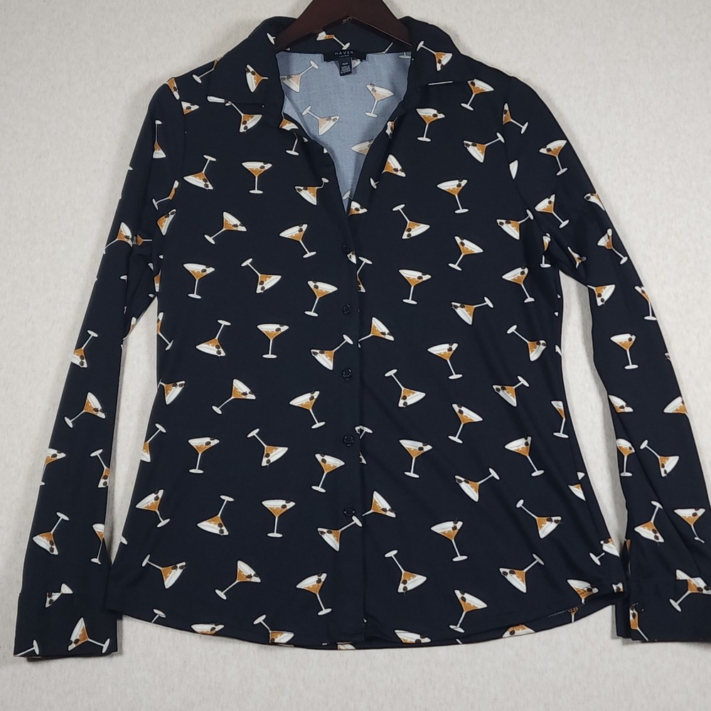 Martini Cocktail Print Long Sleeve Button Up Shirt Haver London Womens Medium